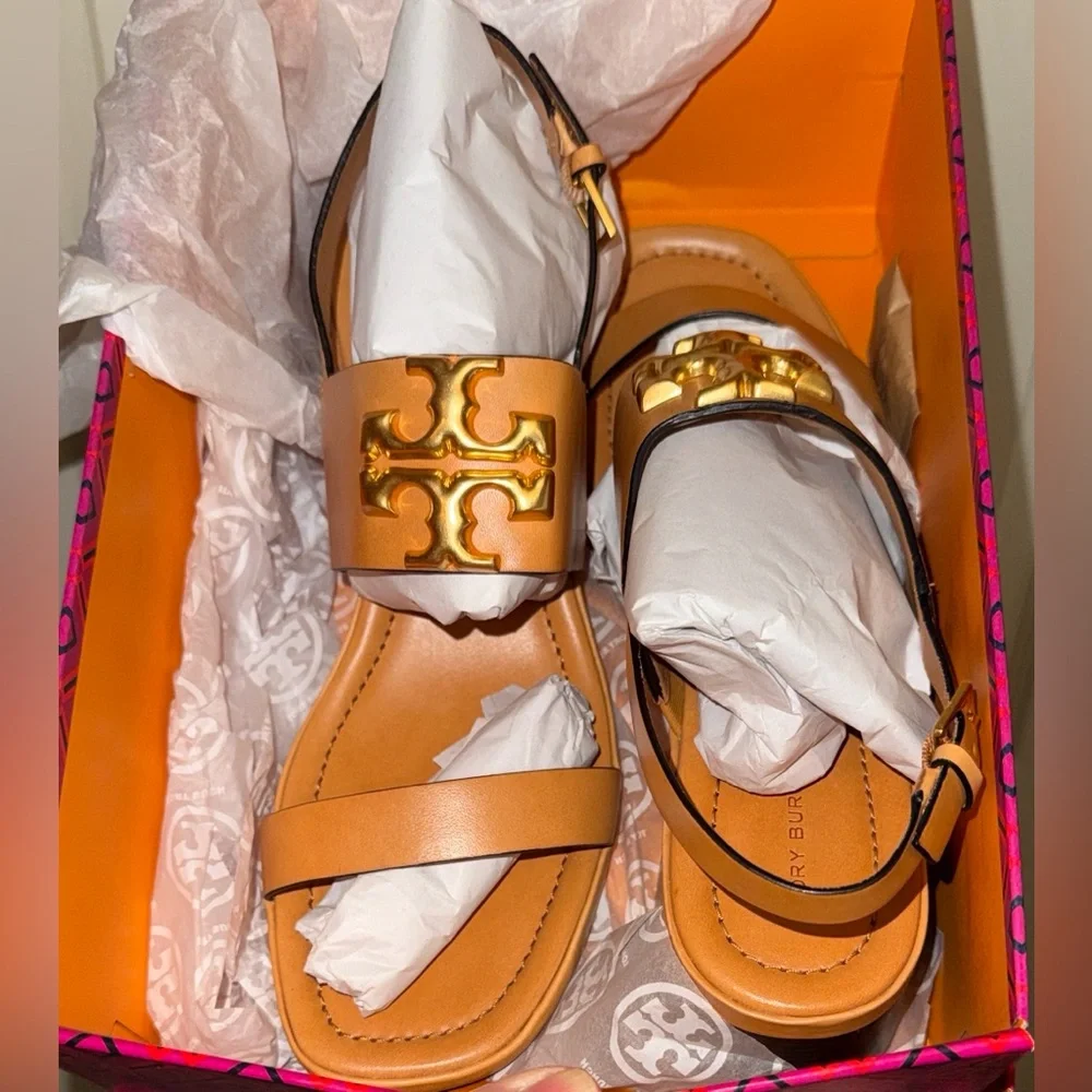 New in box Tory Burch ELEANOR HEEL SANDAL 55MM LEATHER size 11 BRANDY / GOLD 200